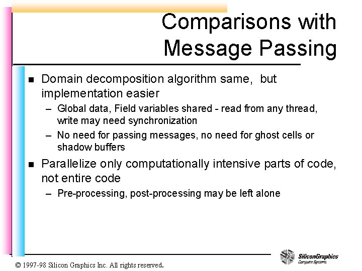 Comparisons with Message Passing n Domain decomposition algorithm same, but implementation easier – Global