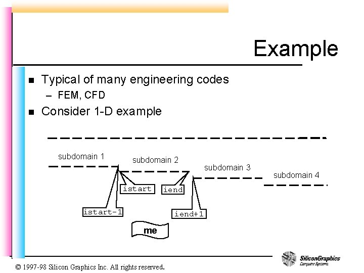 Example n Typical of many engineering codes – FEM, CFD n Consider 1 -D