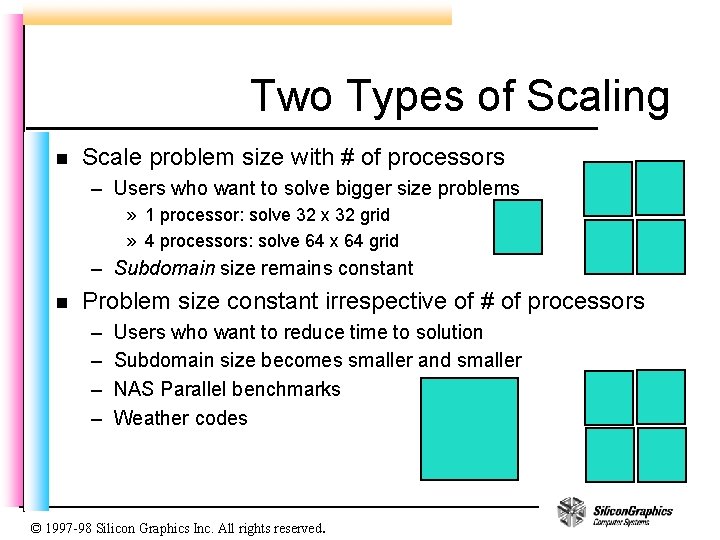 Two Types of Scaling n Scale problem size with # of processors – Users