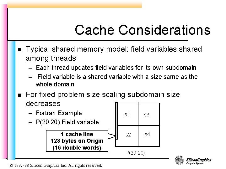 Cache Considerations n Typical shared memory model: field variables shared among threads – Each