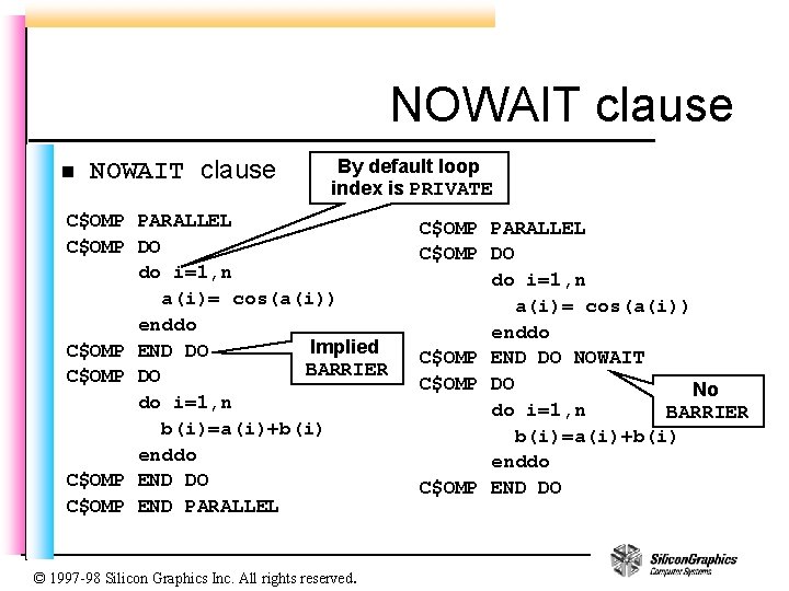 NOWAIT clause n NOWAIT clause By default loop index is PRIVATE C$OMP PARALLEL C$OMP