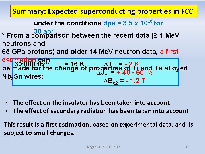 Summary: Expected superconducting properties in FCC under the conditions dpa = 3. 5 x Summary: Expected superconducting properties in FCC under the conditions dpa = 3. 5 x