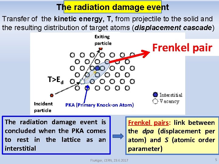 The radiation damage event Transfer of the kinetic energy, T, from projectile to the The radiation damage event Transfer of the kinetic energy, T, from projectile to the