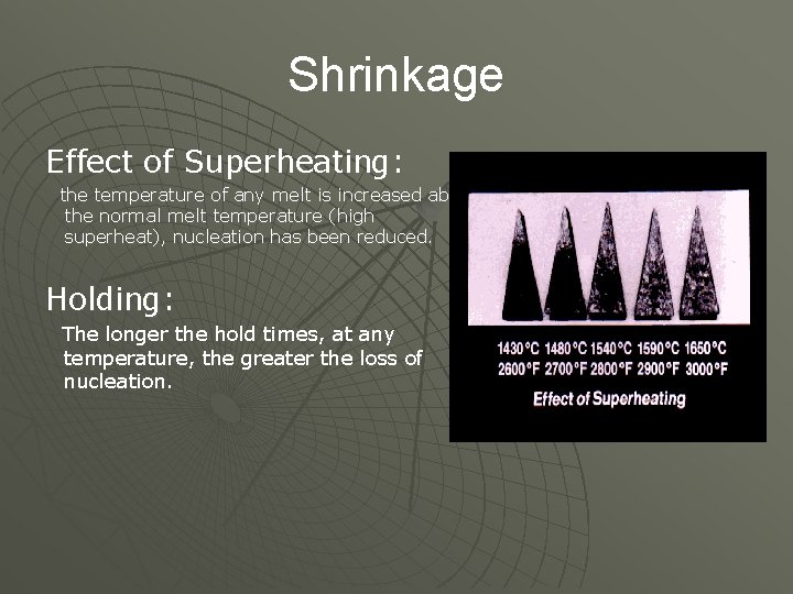 Shrinkage Effect of Superheating: the temperature of any melt is increased above the normal