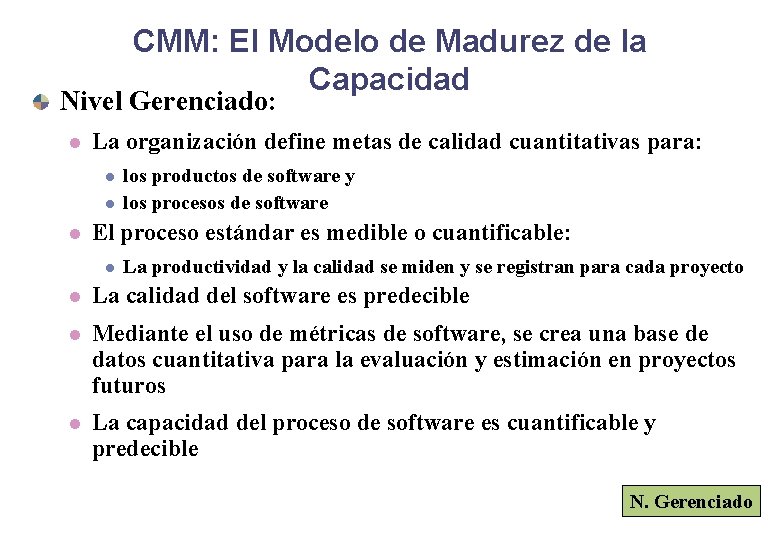 CMM: El Modelo de Madurez de la Capacidad Nivel Gerenciado: l La organización define CMM: El Modelo de Madurez de la Capacidad Nivel Gerenciado: l La organización define
