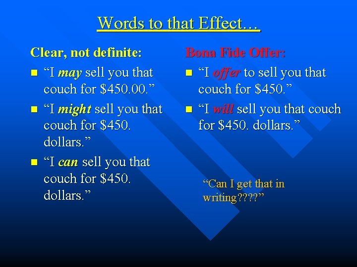 Words to that Effect… Clear, not definite: n “I may sell you that couch