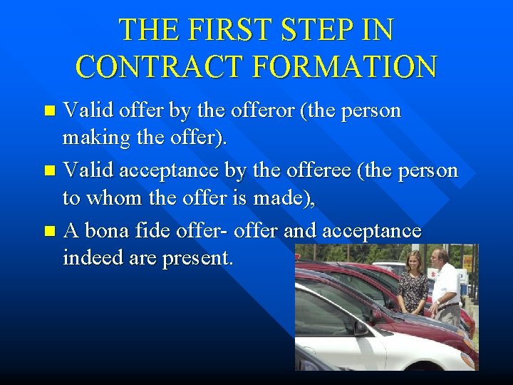THE FIRST STEP IN CONTRACT FORMATION Valid offer by the offeror (the person making