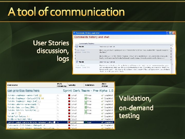 A tool of communication User Stories discussion, logs Validation, on-demand testing 