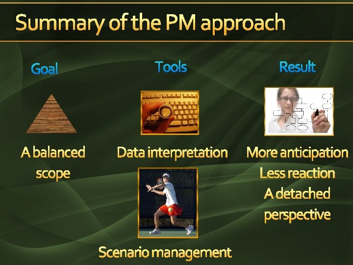 Summary of the PM approach Goal A balanced scope Tools Result Data interpretation More