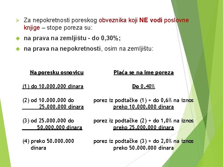 Ø Za nepokretnosti poreskog obveznika koji NE vodi poslovne knjige – stope poreza su: