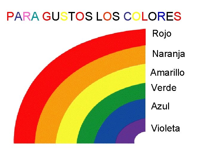 PARA GUSTOS LOS COLORES Rojo Naranja Amarillo Verde Azul Violeta 
