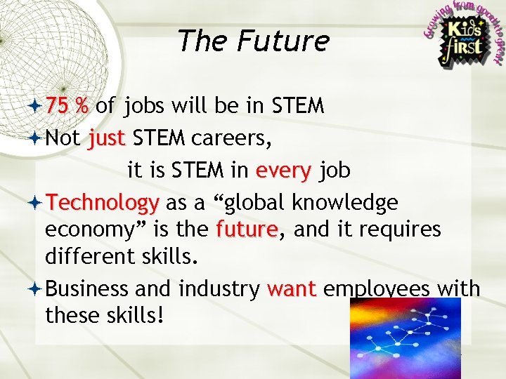 The Future 75 % of jobs will be in STEM Not just STEM careers,