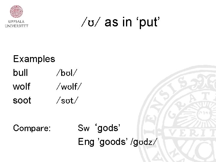 /ʊ/ as in ‘put’ Examples bull /bʊl/ wolf /wʊlf/ soot /sʊt/ Compare: Sw ‘gods’