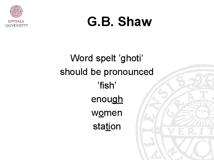 G. B. Shaw Word spelt ’ghoti’ should be pronounced ’fish’ enough women station 