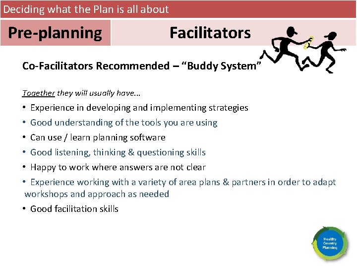 Deciding what the Plan is all about Pre-planning Facilitators Co-Facilitators Recommended – “Buddy System”