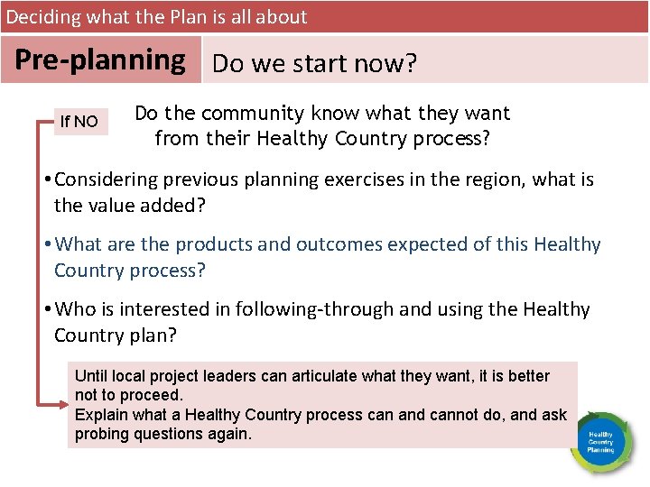 Deciding what the Plan is all about Pre-planning Do we start now? If NO