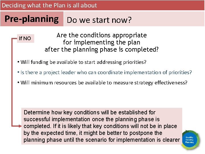 Deciding what the Plan is all about Pre-planning Do we start now? If NO