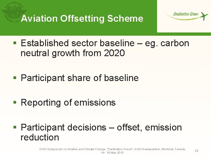 Aviation Offsetting Scheme § Established sector baseline – eg. carbon neutral growth from 2020