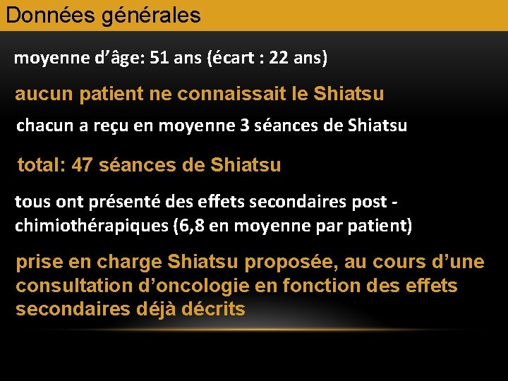 Données générales moyenne d’âge: 51 ans (écart : 22 ans) aucun patient ne connaissait Données générales moyenne d’âge: 51 ans (écart : 22 ans) aucun patient ne connaissait