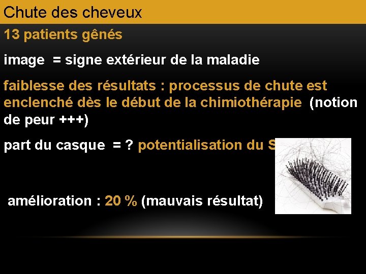 Chute des cheveux 13 patients gênés image = signe extérieur de la maladie faiblesse Chute des cheveux 13 patients gênés image = signe extérieur de la maladie faiblesse
