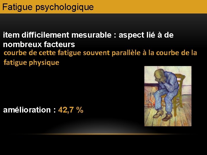 Fatigue psychologique item difficilement mesurable : aspect lié à de nombreux facteurs courbe de Fatigue psychologique item difficilement mesurable : aspect lié à de nombreux facteurs courbe de