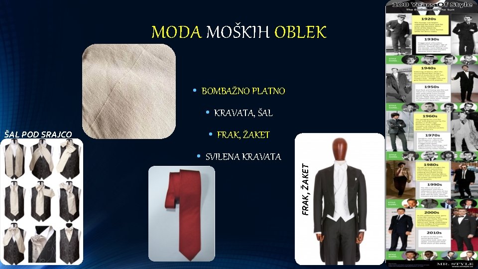 MODA MOŠKIH OBLEK • BOMBAŽNO PLATNO • KRAVATA, ŠAL • FRAK, ŽAKET • SVILENA