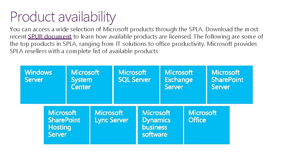 Product availability You can access a wide selection of Microsoft products through the SPLA. Product availability You can access a wide selection of Microsoft products through the SPLA.
