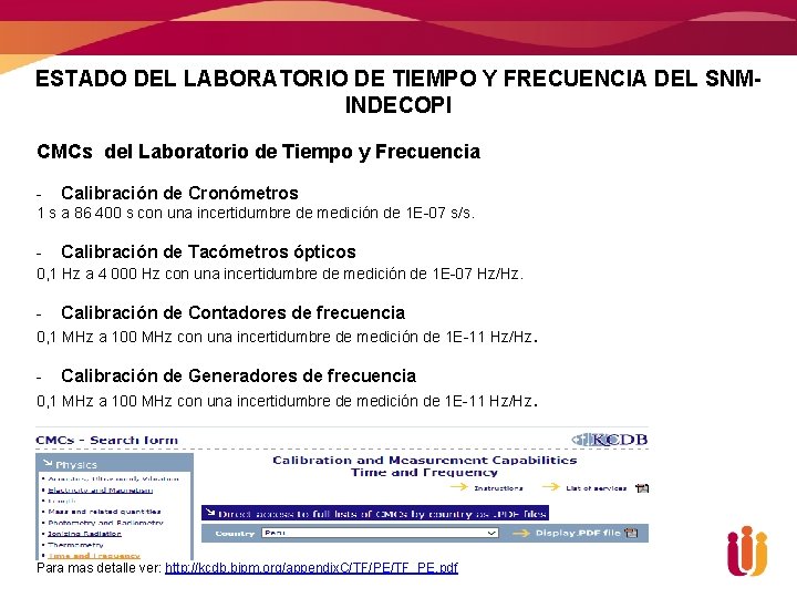 ESTADO DEL LABORATORIO DE TIEMPO Y FRECUENCIA DEL SNMINDECOPI CMCs del Laboratorio de Tiempo