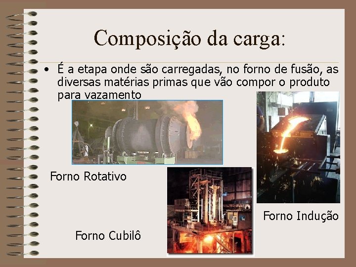 Composição da carga: • É a etapa onde são carregadas, no forno de fusão,