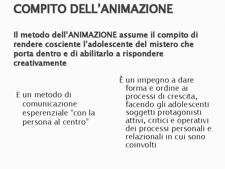 COMPITO DELL’ANIMAZIONE Il metodo dell’ANIMAZIONE assume il compito di rendere cosciente l’adolescente del mistero