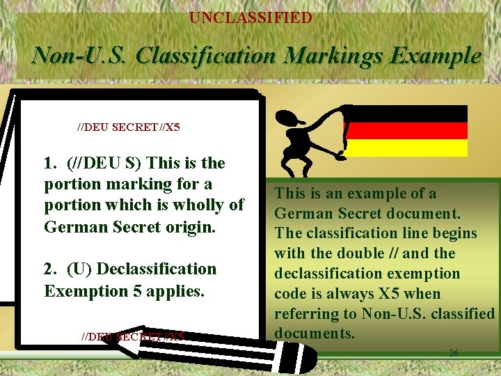 UNCLASSIFIED Non-U. S. Classification Markings Example //DEU SECRET//X 5 1. (//DEU S) This is