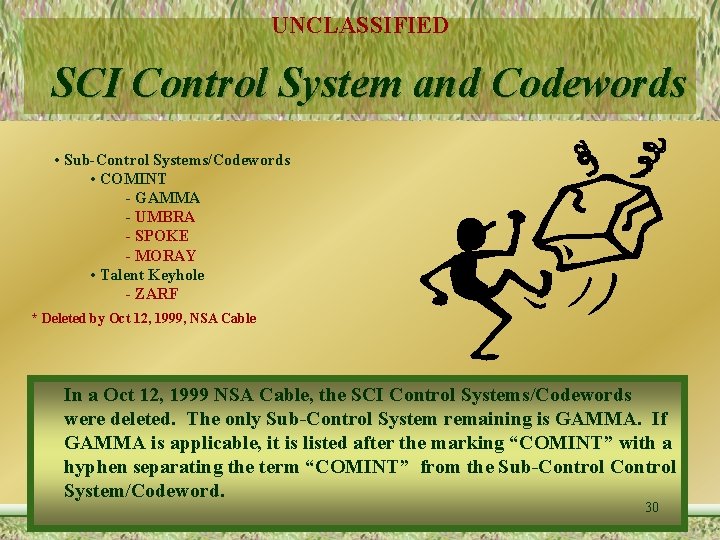 UNCLASSIFIED SCI Control System and Codewords • Sub-Control Systems/Codewords • COMINT - GAMMA -