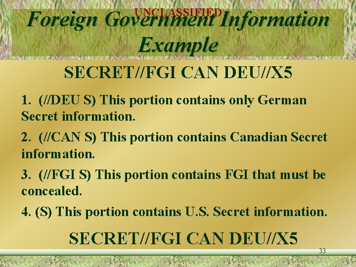 UNCLASSIFIED Foreign Government Information Example SECRET//FGI CAN DEU//X 5 1. (//DEU S) This portion