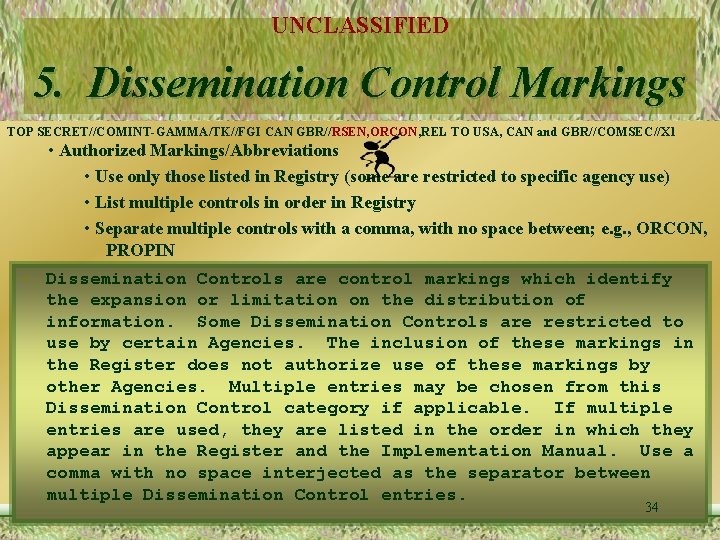 UNCLASSIFIED 5. Dissemination Control Markings TOP SECRET//COMINT-GAMMA/TK//FGI CAN GBR//RSEN, ORCON, REL TO USA, CAN