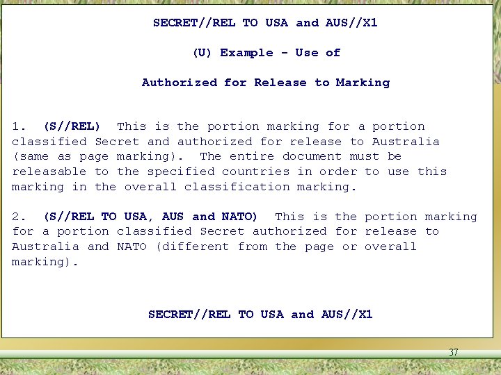 UNCLASSIFIED SECRET//REL TO USA and AUS//X 1 (U) Example - Use of Authorized for