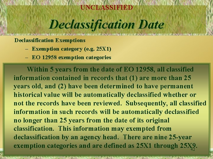 UNCLASSIFIED Declassification Date Declassification Exemptions – Exemption category (e. g. 25 X 1) –