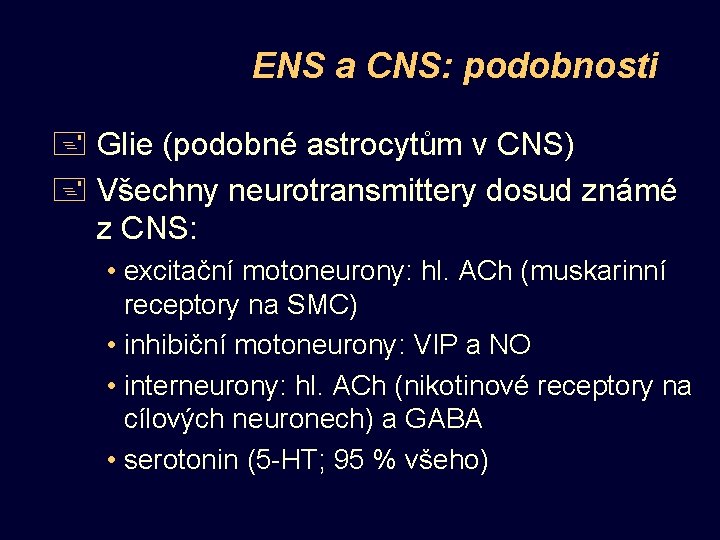 ENS a CNS: podobnosti + Glie (podobné astrocytům v CNS) + Všechny neurotransmittery dosud