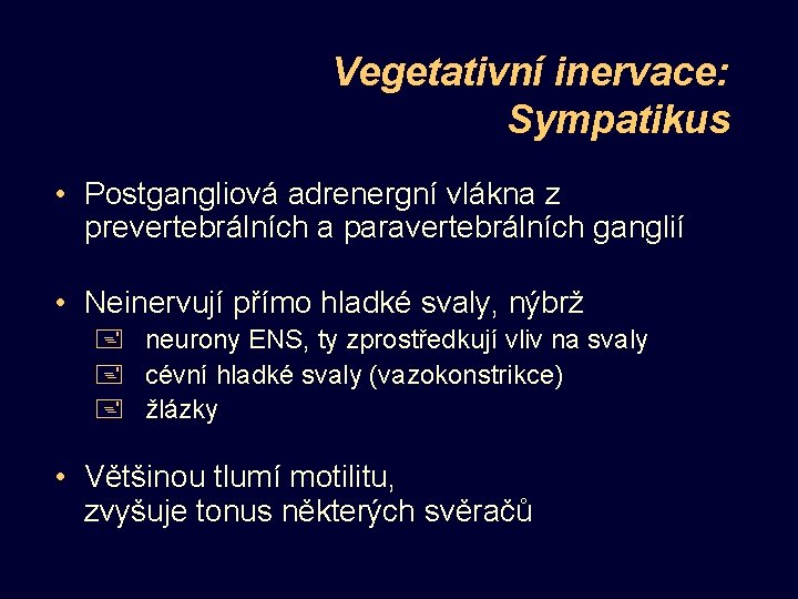 Vegetativní inervace: Sympatikus • Postgangliová adrenergní vlákna z prevertebrálních a paravertebrálních ganglií • Neinervují