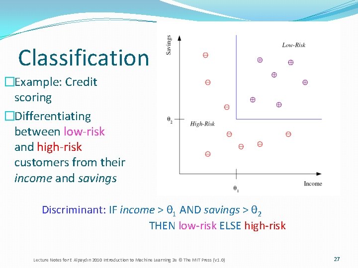 Classification �Example: Credit scoring �Differentiating between low-risk and high-risk customers from their income and