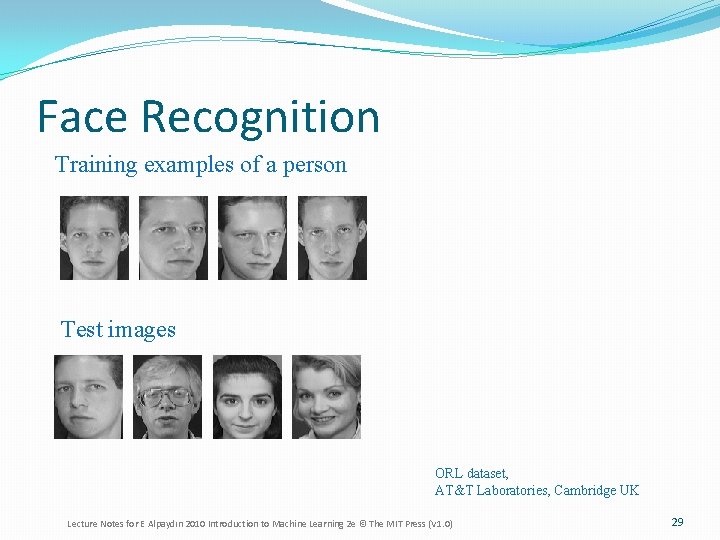 Face Recognition Training examples of a person Test images ORL dataset, AT&T Laboratories, Cambridge