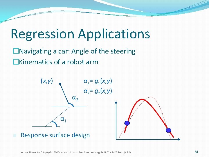 Regression Applications �Navigating a car: Angle of the steering �Kinematics of a robot arm