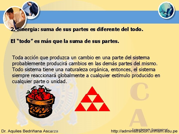 2. Sinergia: suma de sus partes es diferente del todo. El “todo” es más 2. Sinergia: suma de sus partes es diferente del todo. El “todo” es más