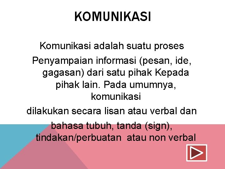 KOMUNIKASI Komunikasi adalah suatu proses Penyampaian informasi (pesan, ide, gagasan) dari satu pihak Kepada