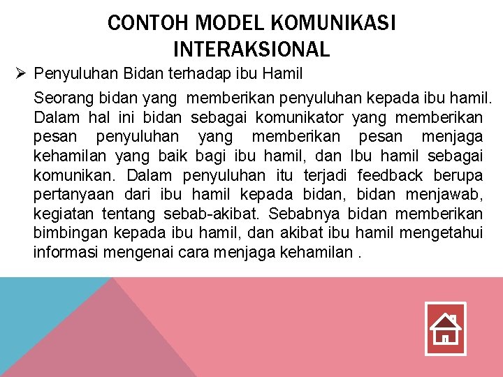 CONTOH MODEL KOMUNIKASI INTERAKSIONAL Ø Penyuluhan Bidan terhadap ibu Hamil Seorang bidan yang memberikan