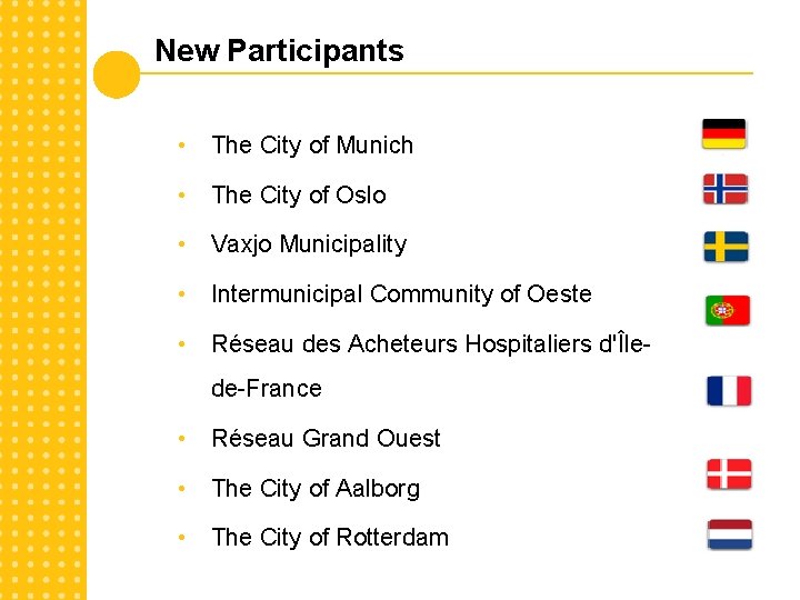 New Participants • The City of Munich • The City of Oslo • Vaxjo