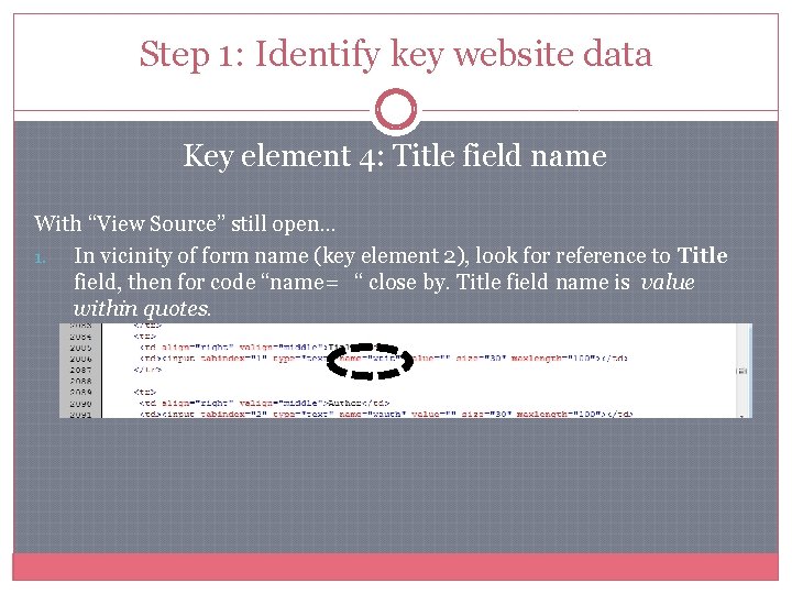 Step 1: Identify key website data Key element 4: Title field name With “View Step 1: Identify key website data Key element 4: Title field name With “View
