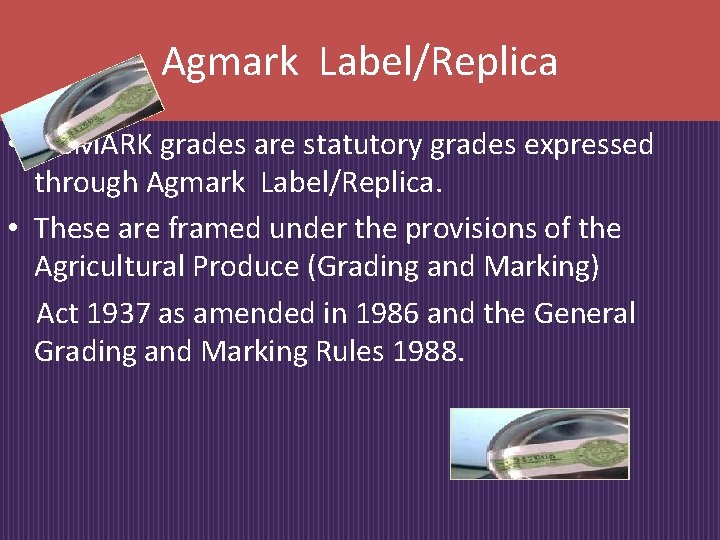 Agmark Label/Replica • AGMARK grades are statutory grades expressed through Agmark Label/Replica. • These