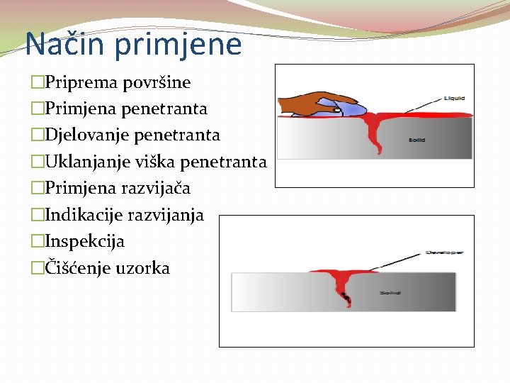 Način primjene �Priprema površine �Primjena penetranta �Djelovanje penetranta �Uklanjanje viška penetranta �Primjena razvijača �Indikacije