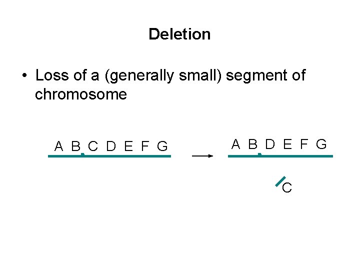 Deletion • Loss of a (generally small) segment of chromosome A B C D