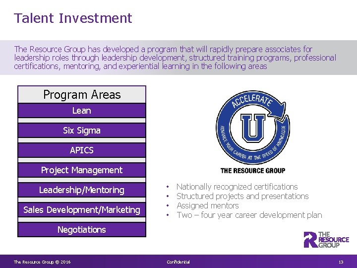 Talent Investment The Resource Group has developed a program that will rapidly prepare associates Talent Investment The Resource Group has developed a program that will rapidly prepare associates